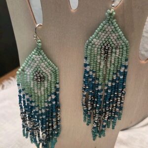 Chic Beaded Fringe Earrings in Green and Blue